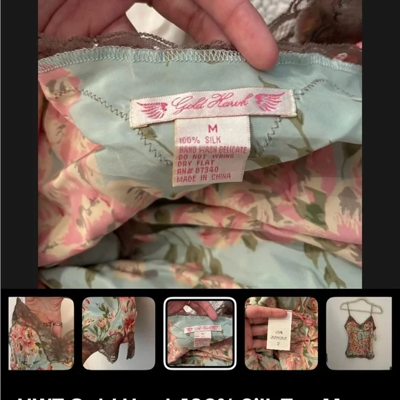 Gold Hawk 100% silk top floral print, Tiffany frappe lace sleeveless Cami M - Picture 2 of 7